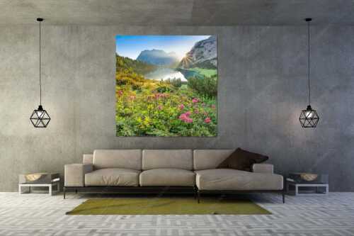 Almrosenblüte am Seebensee mit Blick zum Sonnenaufgang am Wettersteingebirge - Rosengarten - Wandbild - Größe ca. 160x160cm, Seitenverhältnis 1:1 - Almrosen am Seebensee - weitere Infos unter https://www.kriner-weiermann.de