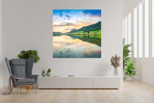 Blick über den Geroldsee in den Sonnenuntergang am Estergebirge - Ruhige Wasser - 4er Split, Größe ca. 180x180cm, Seitenverhältnis 1:1 - Geroldsee mit Wank - weitere Infos unter https://www.kriner-weiermann.de