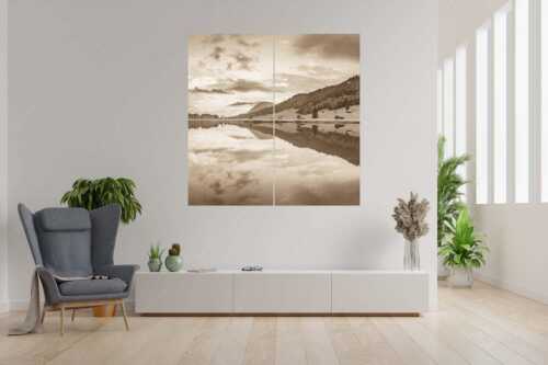 Blick über den Geroldsee in den Sonnenuntergang am Estergebirge - Ruhige Wasser - 4er Split, Größe ca. 180x180cm, Seitenverhältnis 1:1 - Geroldsee mit Wank - weitere Infos unter https://www.kriner-weiermann.de