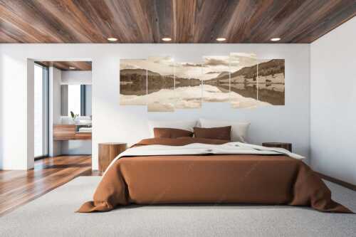 Blick über den Geroldsee in den Sonnenuntergang am Estergebirge - Ruhige Wasser - 6er Split, Größe ca. 280x112cm, Seitenverhältnis 2,5:1 - Geroldsee mit Wank - weitere Infos unter https://www.kriner-weiermann.de