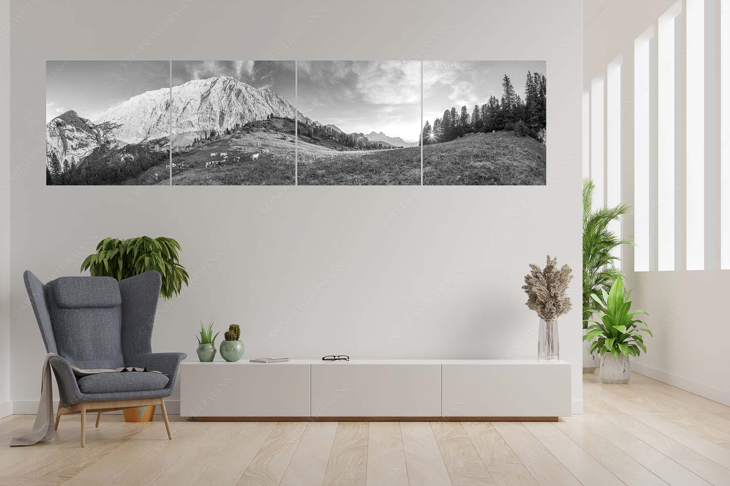 Ruhige Weide – 4er Split, Größe ca. 280x70cm, Seitenverhältnis 4:1 — Almbetrieb im Wettersteingebirge Jungvieh auf der Sommerweide im Wettersteingebirge - Ruhige Weide - 4er Split, Größe ca. 280x70cm, Seitenverhältnis 4:1 - Almbetrieb im Wettersteingebirge - weitere Infos unter https://www.kriner-weiermann.de