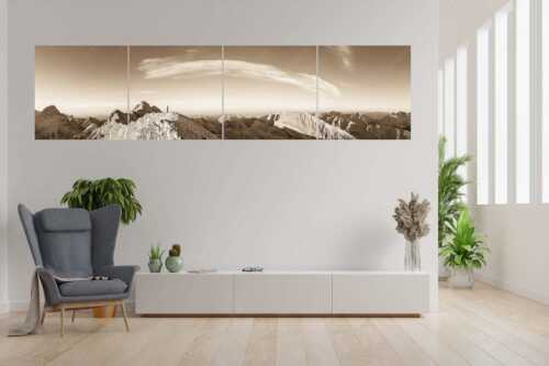 Blick von Sägezahn zur den Sonnenspitzen im Karwendelgebirge - Sägezahn - 4er Split, Größe ca. 280x70cm, Seitenverhältnis 4 - Kaltwasserkarspitze im Karwendel - weitere Infos unter https://www.kriner-weiermann.de