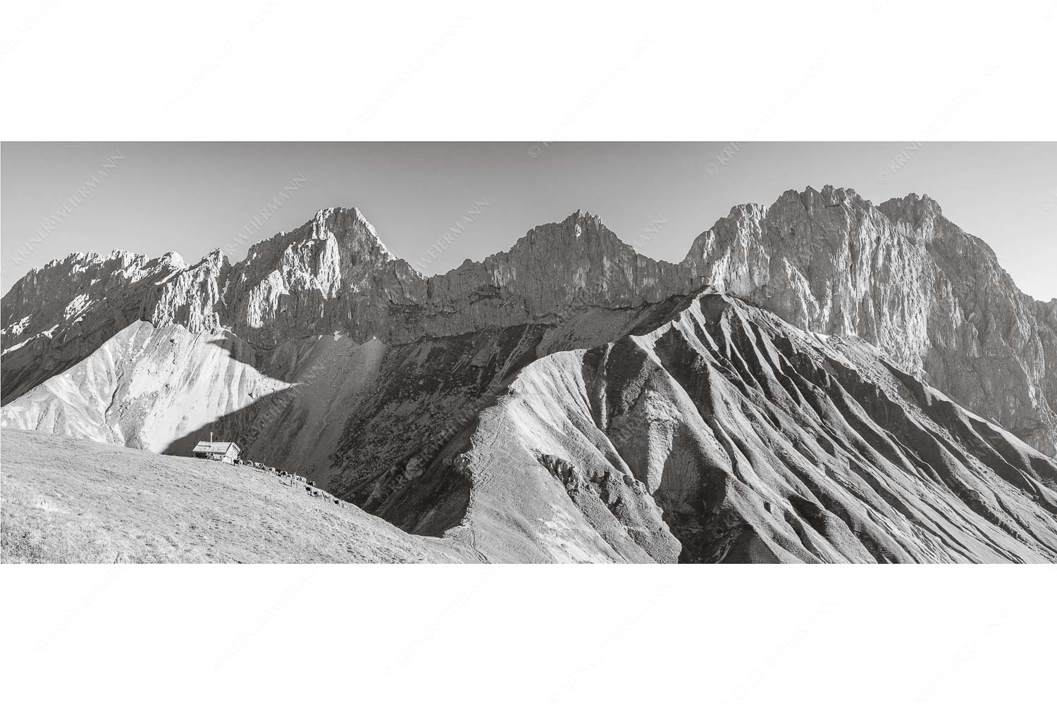 Bergschafe an der Erinnerungshütte mit Oberreintalschrofen und Scharnitzspitze im Wettersteingebirge - Scharnitzjoch - Seitenverhältnis 2,5:1 - Schafe mit Erinnerungshütte im Wetterstein - weitere Infos unter https://www.kriner-weiermann.de