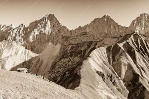 Bergschafe an der Erinnerungshütte mit Oberreintalschrofen und Scharnitzspitze im Wettersteingebirge - Scharnitzjoch - Seitenverhältnis 3:2 - Schafe mit Erinnerungshütte im Wetterstein - weitere Infos unter https://www.kriner-weiermann.de