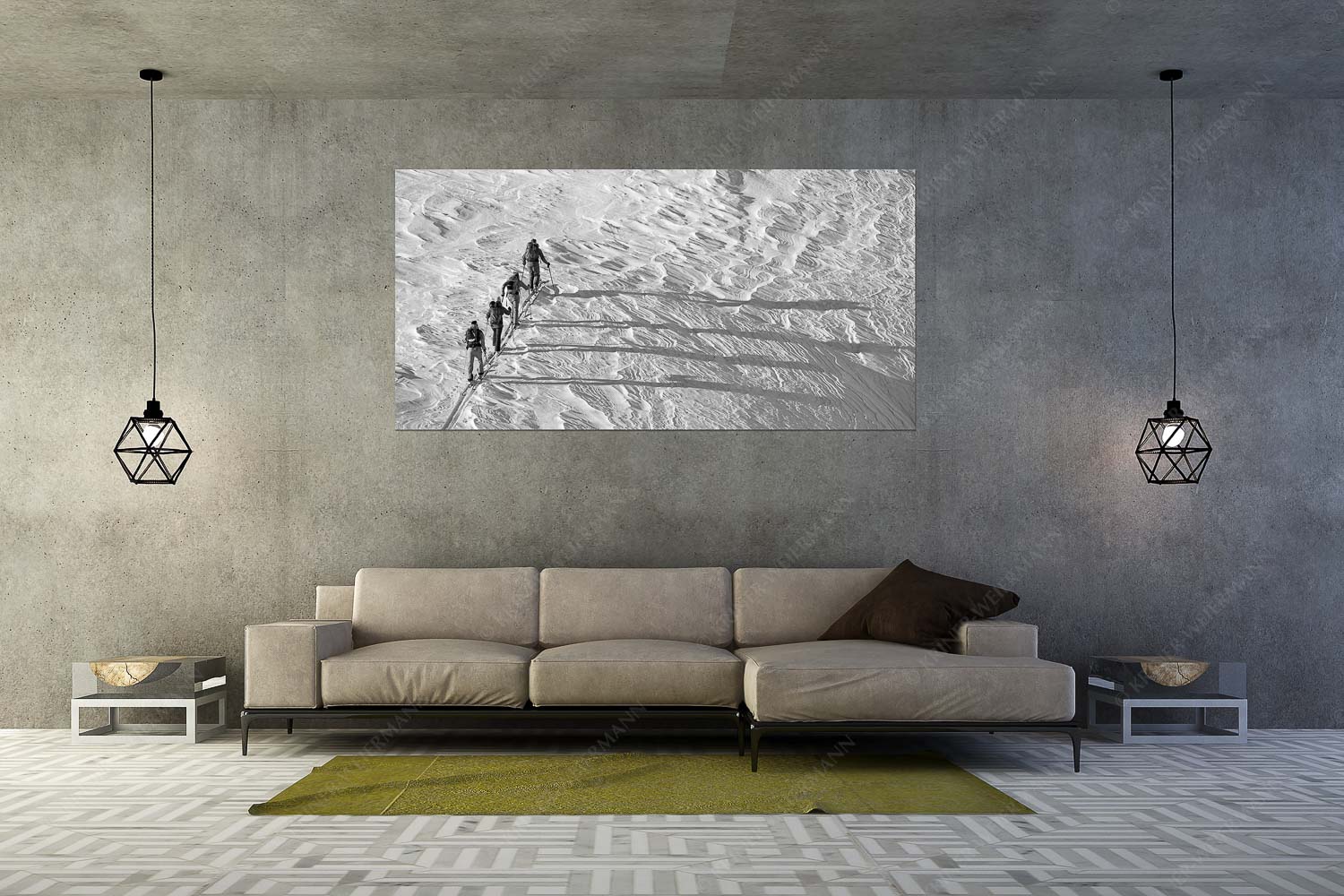 Schattenspringer – Größe ca. 200x100cm, Seitenverhältnis 2:1 — Skitour an der Zugspitze Aufstieg mit Ski an einem kalten Wintermorgen im Zugspitzgebiet - Schattenspringer - Größe ca. 200x100cm, Seitenverhältnis 2:1 - Skitour an der Zugspitze - weitere Infos unter https://www.kriner-weiermann.de