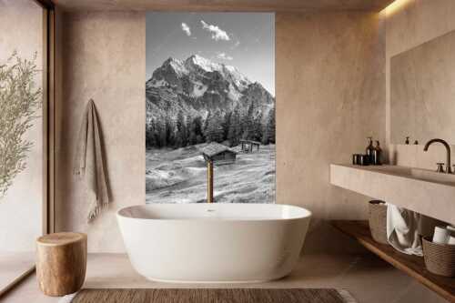 Blick über Buckelwiese und Wiesmahdstadel zur Oberen Wettersteinspitze - Scheas Platzla - Größe ca. 160x240cm, Seitenverhältnis 2:3 - Heustadel auf Buckelwiese mit Wetterstein - weitere Infos unter https://www.kriner-weiermann.de