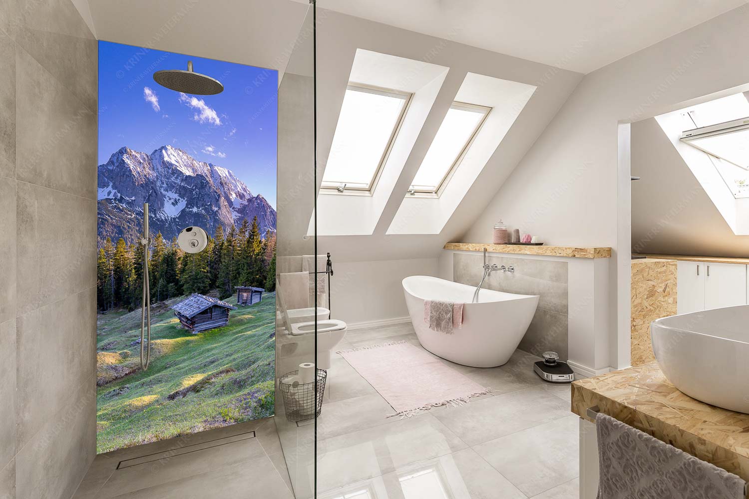 Scheas Platzla – Größe ca. 110x220cm, Seitenverhältnis 1:2 — Heustadel auf Buckelwiese mit Wetterstein Blick über Buckelwiese und Wiesmahdstadel zur Oberen Wettersteinspitze - Scheas Platzla - Größe ca. 110x220cm, Seitenverhältnis 1:2 - Heustadel auf Buckelwiese mit Wetterstein - weitere Infos unter https://www.kriner-weiermann.de