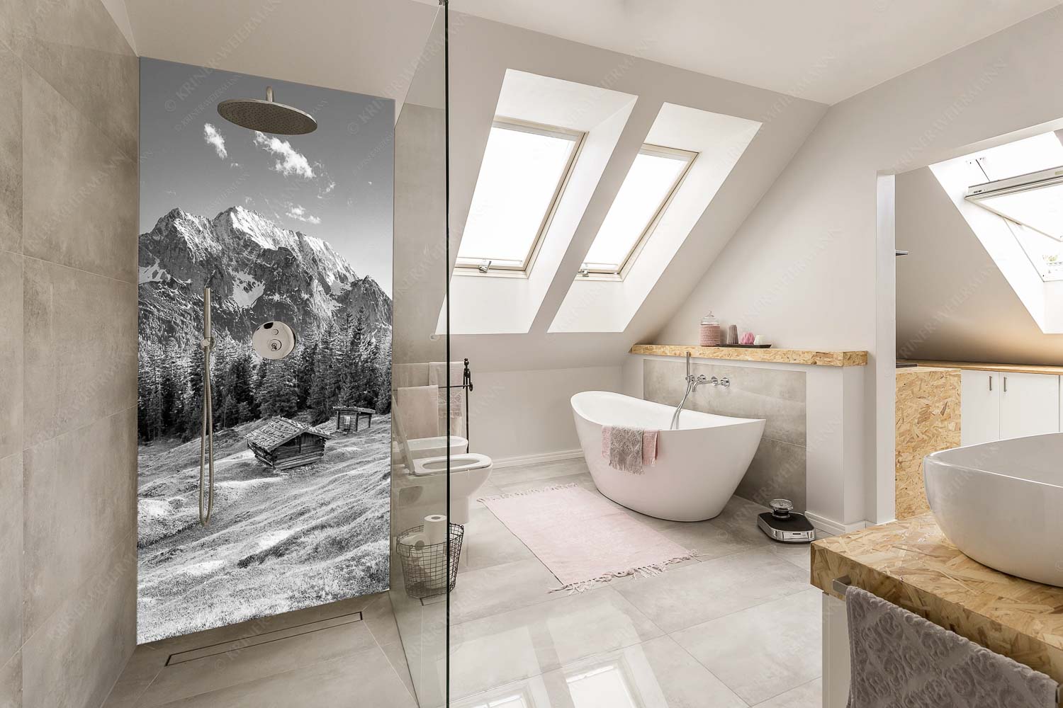 Scheas Platzla – Größe ca. 110x220cm, Seitenverhältnis 1:2 — Heustadel auf Buckelwiese mit Wetterstein Blick über Buckelwiese und Wiesmahdstadel zur Oberen Wettersteinspitze - Scheas Platzla - Größe ca. 110x220cm, Seitenverhältnis 1:2 - Heustadel auf Buckelwiese mit Wetterstein - weitere Infos unter https://www.kriner-weiermann.de