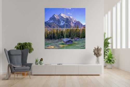 Blick über Buckelwiese und Wiesmahdstadel zur Oberen Wettersteinspitze - Scheas Platzla - 4er Split, Größe ca. 180x180cm, Seitenverhältnis 1:1 - Heustadel auf Buckelwiese mit Wetterstein - weitere Infos unter https://www.kriner-weiermann.de