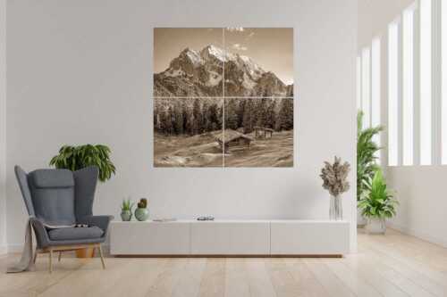 Blick über Buckelwiese und Wiesmahdstadel zur Oberen Wettersteinspitze - Scheas Platzla - 4er Split, Größe ca. 180x180cm, Seitenverhältnis 1:1 - Heustadel auf Buckelwiese mit Wetterstein - weitere Infos unter https://www.kriner-weiermann.de