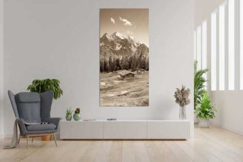 Blick über Buckelwiese und Wiesmahdstadel zur Oberen Wettersteinspitze - Scheas Platzla - Größe ca. 90x180cm, Seitenverhältnis 1:2 - Heustadel auf Buckelwiese mit Wetterstein - weitere Infos unter https://www.kriner-weiermann.de