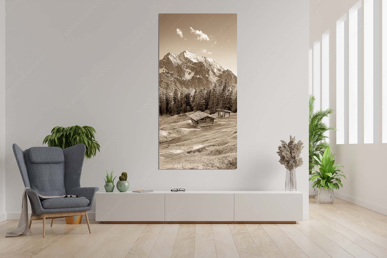 Blick über Buckelwiese und Wiesmahdstadel zur Oberen Wettersteinspitze - Scheas Platzla - Größe ca. 90x180cm, Seitenverhältnis 1:2 - Heustadel auf Buckelwiese mit Wetterstein - weitere Infos unter https://www.kriner-weiermann.de