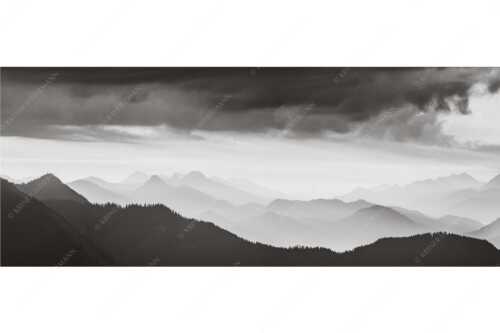 Blick in den Sonnenaufgan in die Bayrischen Voralpen - Schemenhaft - Seitenverhältnis 2,5:1 - Bergsilhouetten Sonnenaufgang - weitere Infos unter https://www.kriner-weiermann.de