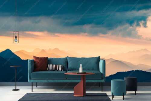 Blick in den Sonnenaufgan in die Bayrischen Voralpen - Schemenhaft - Größe ca. 400x200cm, Seitenverhältnis 2:1 - Bergsilhouetten Sonnenaufgang - weitere Infos unter https://www.kriner-weiermann.de