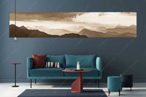 Blick in den Sonnenaufgan in die Bayrischen Voralpen - Schemenhaft - Größe ca. 350x70cm, Seitenverhältnis 5:1 - Bergsilhouetten Sonnenaufgang - weitere Infos unter https://www.kriner-weiermann.de
