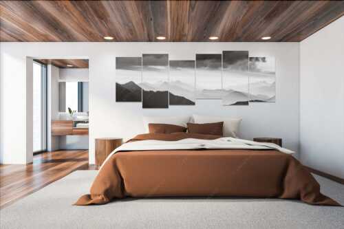 Blick in den Sonnenaufgan in die Bayrischen Voralpen - Schemenhaft - 6er Split, Größe ca. 280x112cm, Seitenverhältnis 2,5:1 - Bergsilhouetten Sonnenaufgang - weitere Infos unter https://www.kriner-weiermann.de