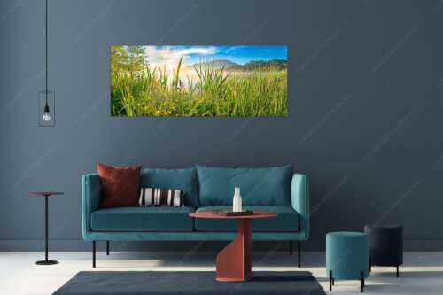 Sonnenaufgang am Barmsee - Schilf - Größe ca. 175x70cm, Seitenverhältnis 2,5:1 - Barmsee Ufer mit Soierngebirge - weitere Infos unter https://www.kriner-weiermann.de