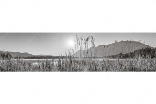 Sonnenaufgang am Barmsee - Schilfufer - Seitenverhältnis 4:1 - Barmseeufer mit Soierngebirge - weitere Infos unter https://www.kriner-weiermann.de