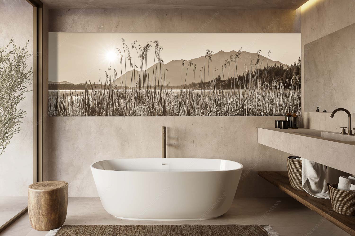 Schilfufer – Größe ca. 300x100cm, Seitenverhältnis 3:1 — Barmseeufer mit Soierngebirge Sonnenaufgang am Barmsee - Schilfufer - Größe ca. 300x100cm, Seitenverhältnis 3:1 - Barmseeufer mit Soierngebirge - weitere Infos unter https://www.kriner-weiermann.de