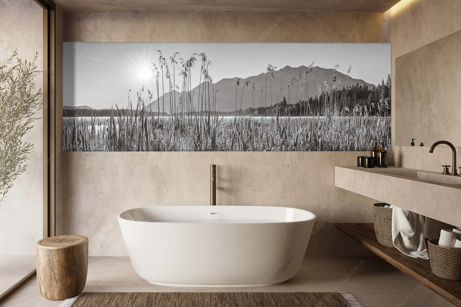 Schilfufer – Größe ca. 300x100cm, Seitenverhältnis 3:1 — Barmseeufer mit Soierngebirge Sonnenaufgang am Barmsee - Schilfufer - Größe ca. 300x100cm, Seitenverhältnis 3:1 - Barmseeufer mit Soierngebirge - weitere Infos unter https://www.kriner-weiermann.de