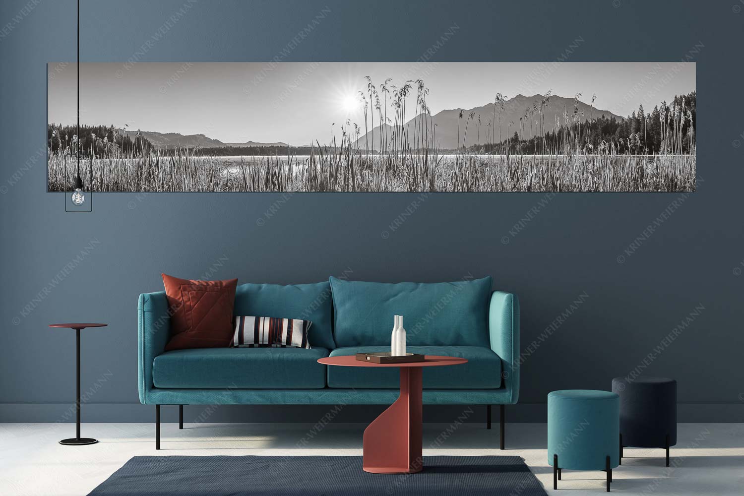 Sonnenaufgang am Barmsee - Schilfufer - Größe ca. 350x70cm, Seitenverhältnis 5:1 - Barmseeufer mit Soierngebirge - weitere Infos unter https://www.kriner-weiermann.de