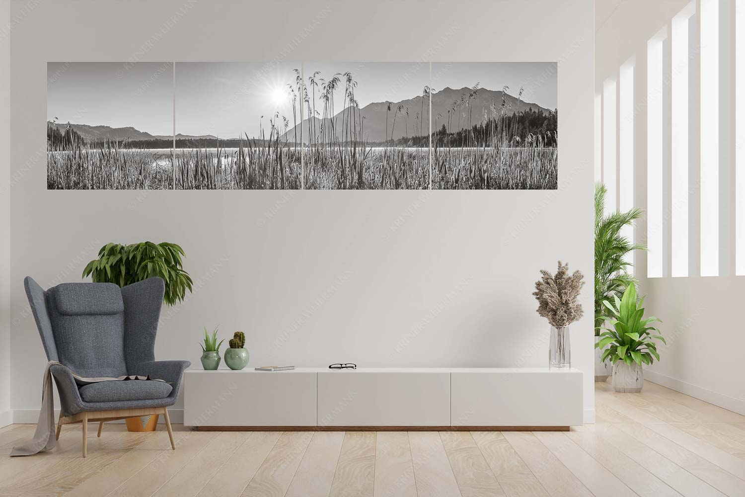 Sonnenaufgang am Barmsee - Schilfufer - 4er Split, Größe ca. 280x70cm, Seitenverhältnis 4:1 - Barmseeufer mit Soierngebirge - weitere Infos unter https://www.kriner-weiermann.de