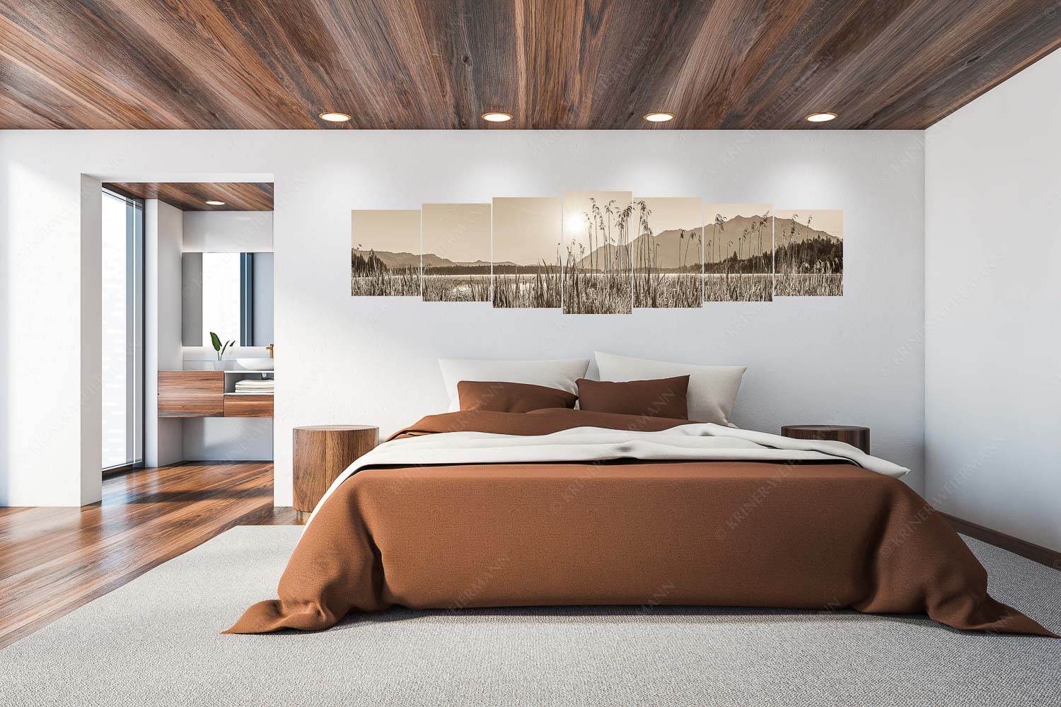 Sonnenaufgang am Barmsee - Schilfufer - 7er Split, Größe ca. 300x75cm, Seitenverhältnis 4:1 - Barmseeufer mit Soierngebirge - weitere Infos unter https://www.kriner-weiermann.de