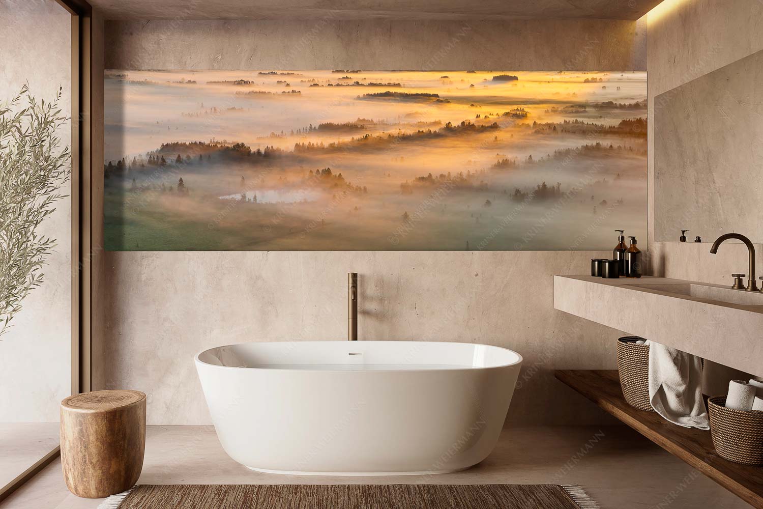 Nebelstimmung im Kochlermoos - Schleiergewand - Größe ca. 300x100cm, Seitenverhältnis 3:1 - Morgenstimmung bei Kochel - weitere Infos unter https://www.kriner-weiermann.de