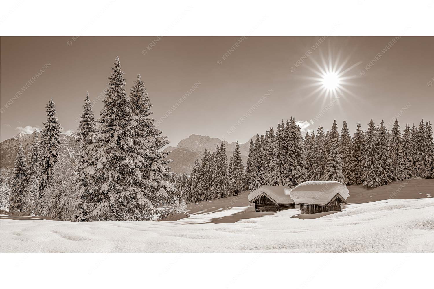 Schneereich – Seitenverhältnis 2:1 — Viel Schnee im Isartal Eine tiefverschneite Winterlandschaft zwischen Krün und Mittenwald zeigt sich im Sonnenschein
