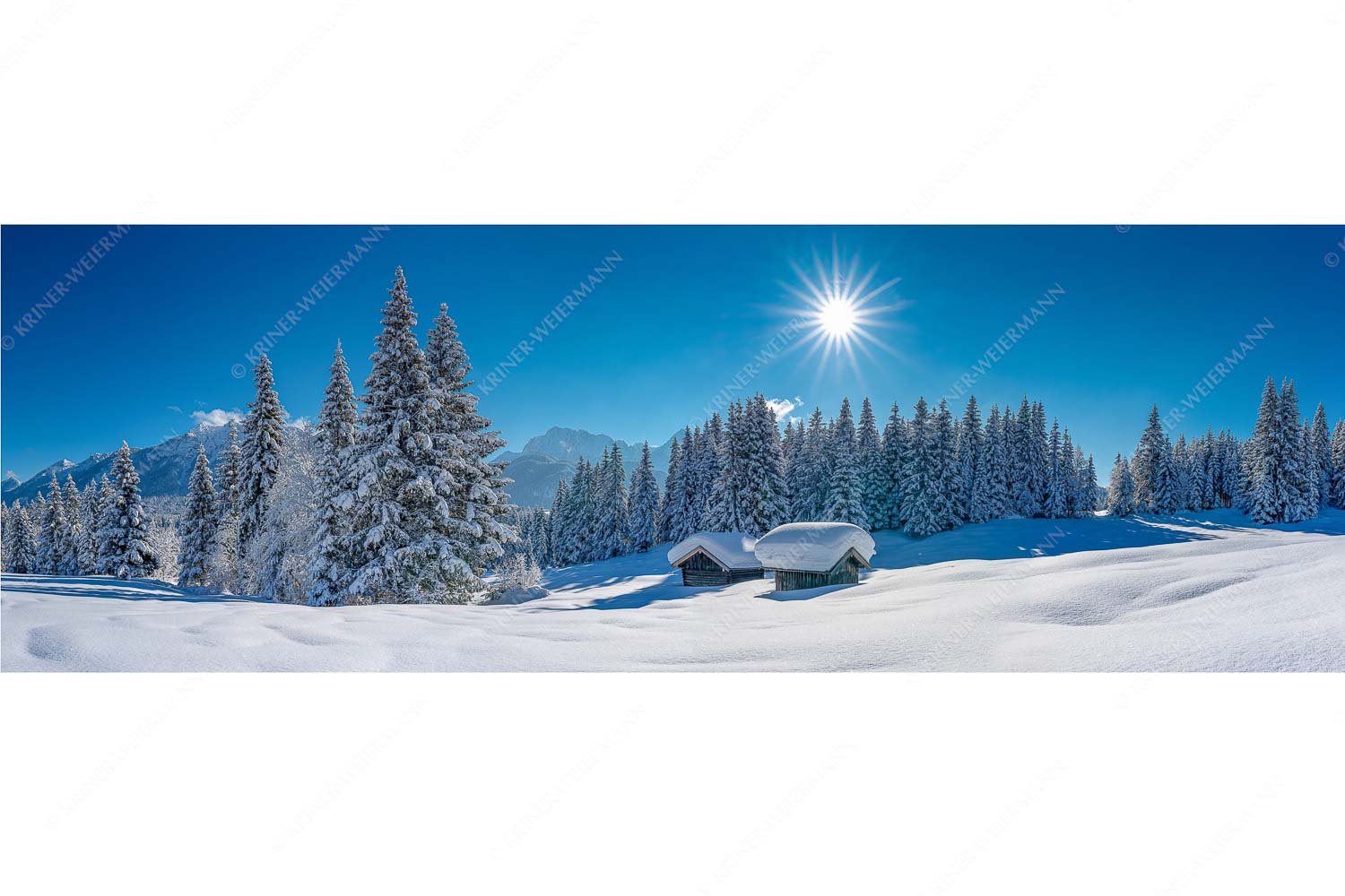 Schneereich – Seitenverhältnis 3:1 — Viel Schnee im Isartal Eine tiefverschneite Winterlandschaft zwischen Krün und Mittenwald zeigt sich im Sonnenschein