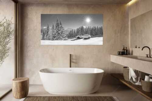 Eine tiefverschneite Winterlandschaft zwischen Krün und Mittenwald zeigt sich im Sonnenschein - Schneereich - Größe ca. 180x90cm, Seitenverhältnis 2:1 - Viel Schnee im Isartal - weitere Infos unter https://www.kriner-weiermann.de