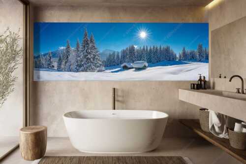 Eine tiefverschneite Winterlandschaft zwischen Krün und Mittenwald zeigt sich im Sonnenschein - Schneereich - Größe ca. 300x100cm, Seitenverhältnis 3:1 - Viel Schnee im Isartal - weitere Infos unter https://www.kriner-weiermann.de