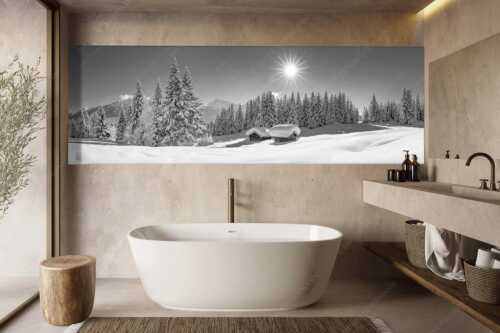 Eine tiefverschneite Winterlandschaft zwischen Krün und Mittenwald zeigt sich im Sonnenschein - Schneereich - Größe ca. 300x100cm, Seitenverhältnis 3:1 - Viel Schnee im Isartal - weitere Infos unter https://www.kriner-weiermann.de
