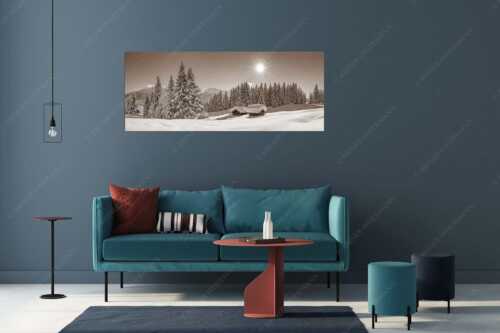 Eine tiefverschneite Winterlandschaft zwischen Krün und Mittenwald zeigt sich im Sonnenschein - Schneereich - Größe ca. 175x70cm, Seitenverhältnis 2,5:1 - Viel Schnee im Isartal - weitere Infos unter https://www.kriner-weiermann.de