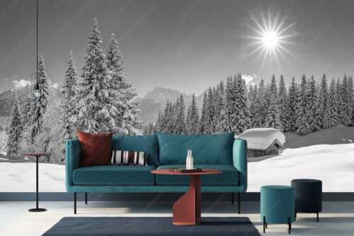 Eine tiefverschneite Winterlandschaft zwischen Krün und Mittenwald zeigt sich im Sonnenschein - Schneereich - Größe ca. 400x200cm, Seitenverhältnis 2:1 - Viel Schnee im Isartal - weitere Infos unter https://www.kriner-weiermann.de