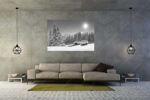 Eine tiefverschneite Winterlandschaft zwischen Krün und Mittenwald zeigt sich im Sonnenschein - Schneereich - Größe ca. 180x120cm, Seitenverhältnis 3:2 - Viel Schnee im Isartal - weitere Infos unter https://www.kriner-weiermann.de