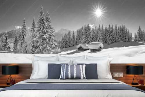 Eine tiefverschneite Winterlandschaft zwischen Krün und Mittenwald zeigt sich im Sonnenschein - Schneereich - Größe ca. 350x140cm, Seitenverhältnis 2,5:1 - Viel Schnee im Isartal - weitere Infos unter https://www.kriner-weiermann.de