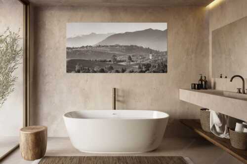 Blick über Rottenbuch und Schönberg ins Karwendel, Estergebirge, Hörnle und Wettersteingebirge - Schönberg - Größe ca. 180x90cm, Seitenverhältnis 2:1 - Malerisches Bergdorf - weitere Infos unter https://www.kriner-weiermann.de