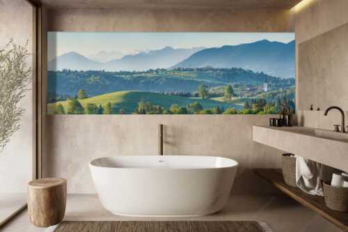 Blick über Rottenbuch und Schönberg ins Karwendel, Estergebirge, Hörnle und Wettersteingebirge - Schönberg - Größe ca. 300x100cm, Seitenverhältnis 3:1 - Malerisches Bergdorf - weitere Infos unter https://www.kriner-weiermann.de