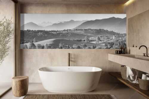 Blick über Rottenbuch und Schönberg ins Karwendel, Estergebirge, Hörnle und Wettersteingebirge - Schönberg - Größe ca. 300x100cm, Seitenverhältnis 3:1 - Malerisches Bergdorf - weitere Infos unter https://www.kriner-weiermann.de