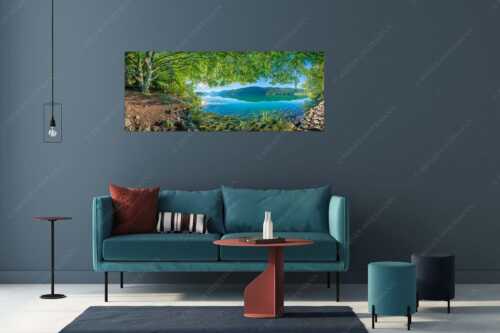Blick unter einer Buche raus in den Sonnenaufgang am Walchensee - Seebuchen - Größe ca. 175x70cm, Seitenverhältnis 2,5:1 - Walchensee - weitere Infos unter https://www.kriner-weiermann.de
