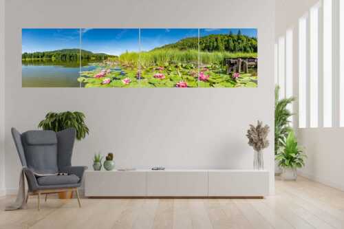 Seerosen am Geroldsee mit Zugspitzmassiv - Seerosen - 4er Split, Größe ca. 280x70cm, Seitenverhältnis 4: - Geroldsee - weitere Infos unter https://www.kriner-weiermann.de