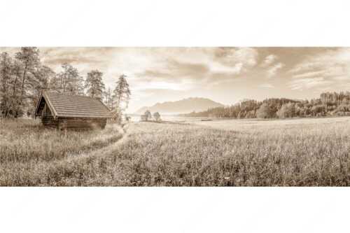 Blick übern Barmsee in den Sonnenaufgang - Seewiesen - Seitenverhältnis 2,5:1 - Heustadel am Barmsee - weitere Infos unter https://www.kriner-weiermann.de