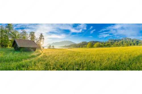 Blick übern Barmsee in den Sonnenaufgang - Seewiesen - Seitenverhältnis 3:1 - Heustadel am Barmsee - weitere Infos unter https://www.kriner-weiermann.de