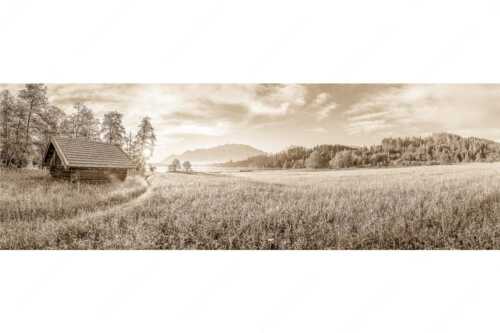Blick übern Barmsee in den Sonnenaufgang - Seewiesen - Seitenverhältnis 3:1 - Heustadel am Barmsee - weitere Infos unter https://www.kriner-weiermann.de