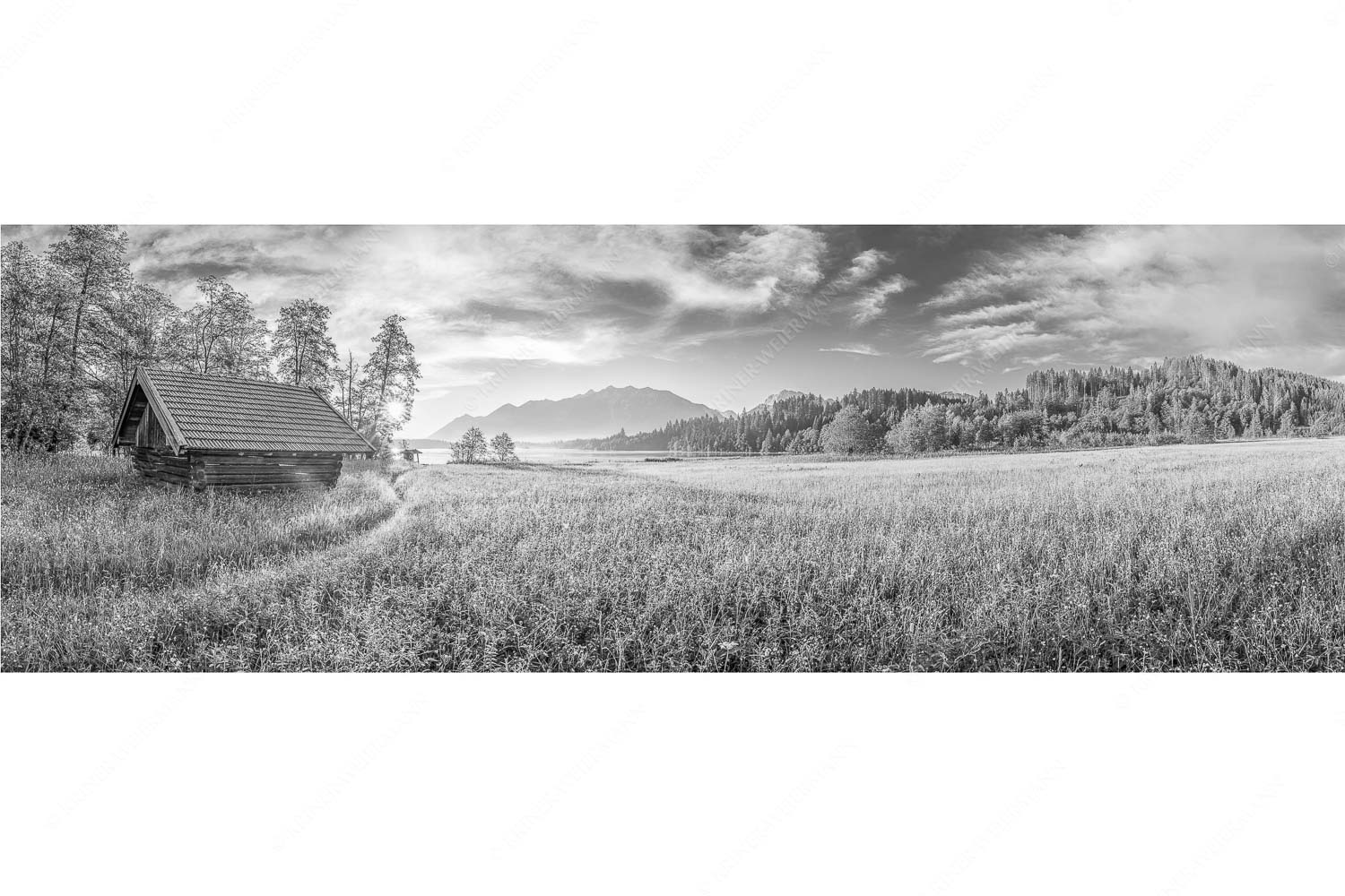 Blick übern Barmsee in den Sonnenaufgang - Seewiesen - Seitenverhältnis 3:1 - Heustadel am Barmsee - weitere Infos unter https://www.kriner-weiermann.de