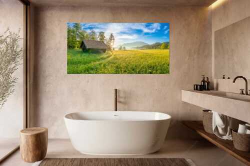 Blick übern Barmsee in den Sonnenaufgang - Seewiesen - Größe ca. 180x90cm, Seitenverhältnis 2:1 - Heustadel am Barmsee - weitere Infos unter https://www.kriner-weiermann.de