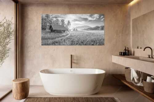 Blick übern Barmsee in den Sonnenaufgang - Seewiesen - Größe ca. 180x90cm, Seitenverhältnis 2:1 - Heustadel am Barmsee - weitere Infos unter https://www.kriner-weiermann.de