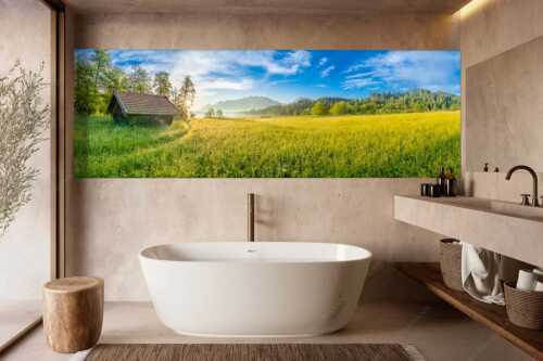 Blick übern Barmsee in den Sonnenaufgang - Seewiesen - Größe ca. 300x100cm, Seitenverhältnis 3:1 - Heustadel am Barmsee - weitere Infos unter https://www.kriner-weiermann.de