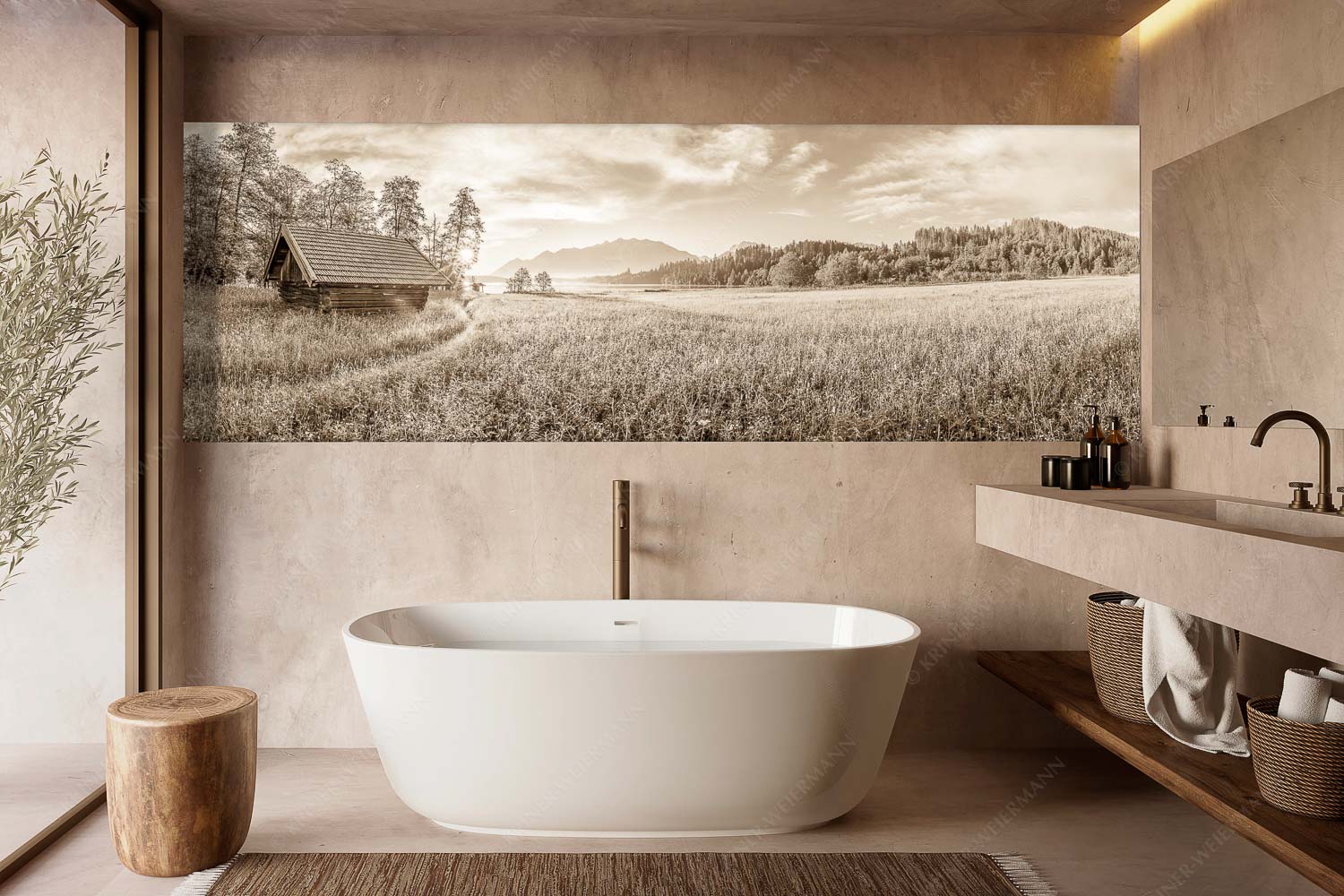 Seewiesen – Größe ca. 300x100cm, Seitenverhältnis 3:1 — Heustadel am Barmsee Blick übern Barmsee in den Sonnenaufgang - Seewiesen - Größe ca. 300x100cm, Seitenverhältnis 3:1 - Heustadel am Barmsee - weitere Infos unter https://www.kriner-weiermann.de